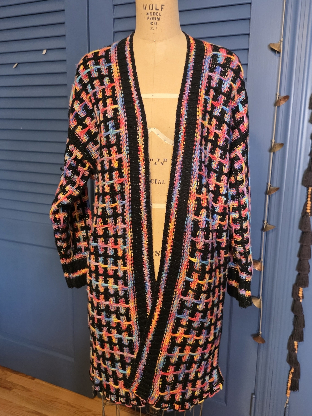 Rain + Rose Boho Multicolor Longline Open Front Duster Cardigan Sweater